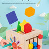 A wooden multifunctional gameplay toy featuring various shapes and colors for toddlers.