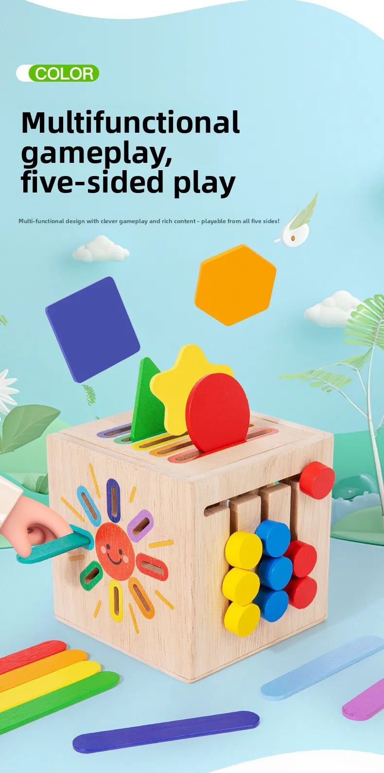 A wooden multifunctional gameplay toy featuring various shapes and colors for toddlers.