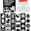 A grid of black and white flash cards featuring various objects for baby visual development.