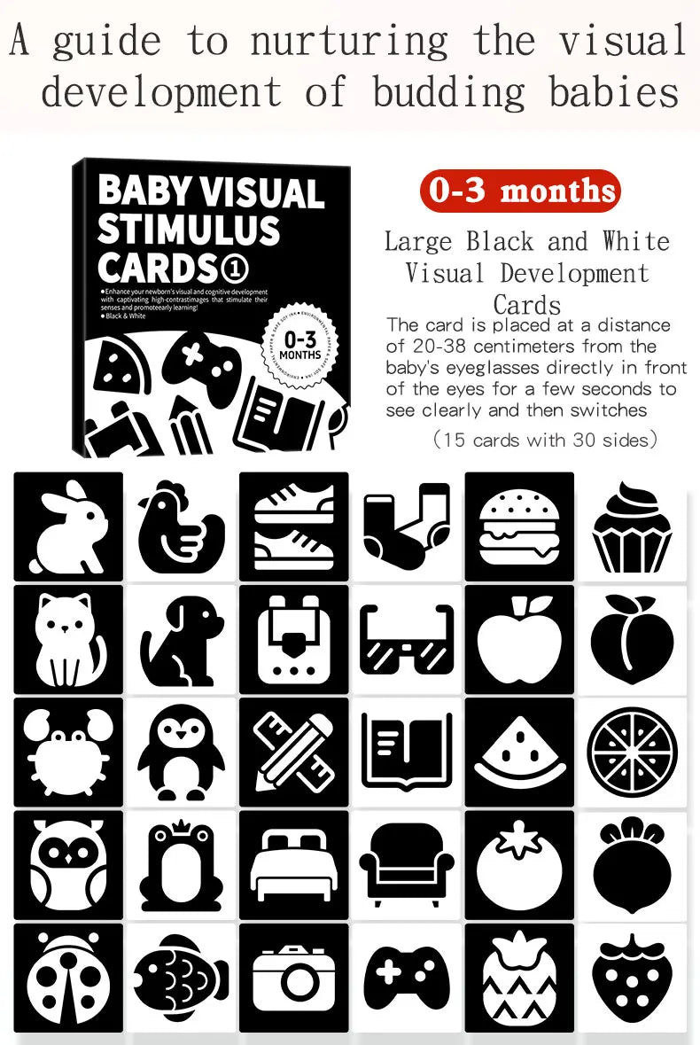 A grid of black and white flash cards featuring various objects for baby visual development.