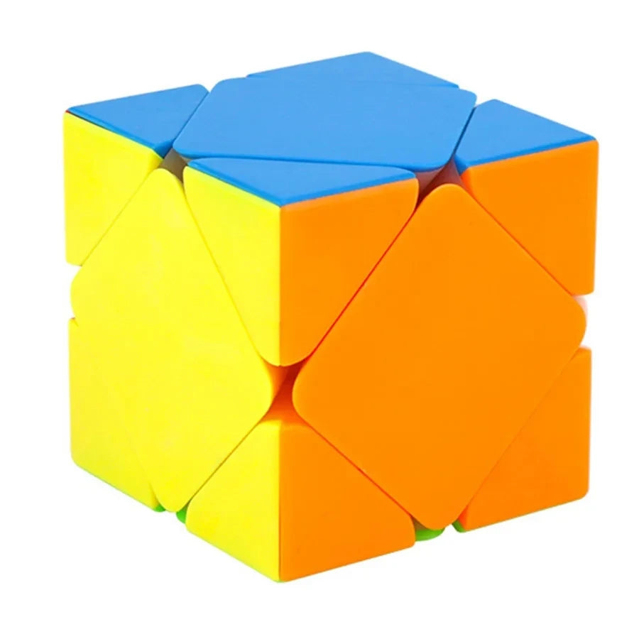 A colorful, geometric puzzle cube made of smooth plastic pieces in shades of blue, yellow, and orange.