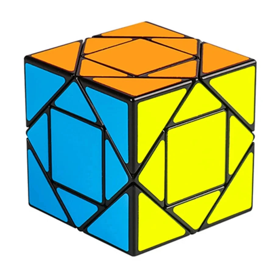A geometric puzzle cube with orange and yellow faces, featuring a black frame.