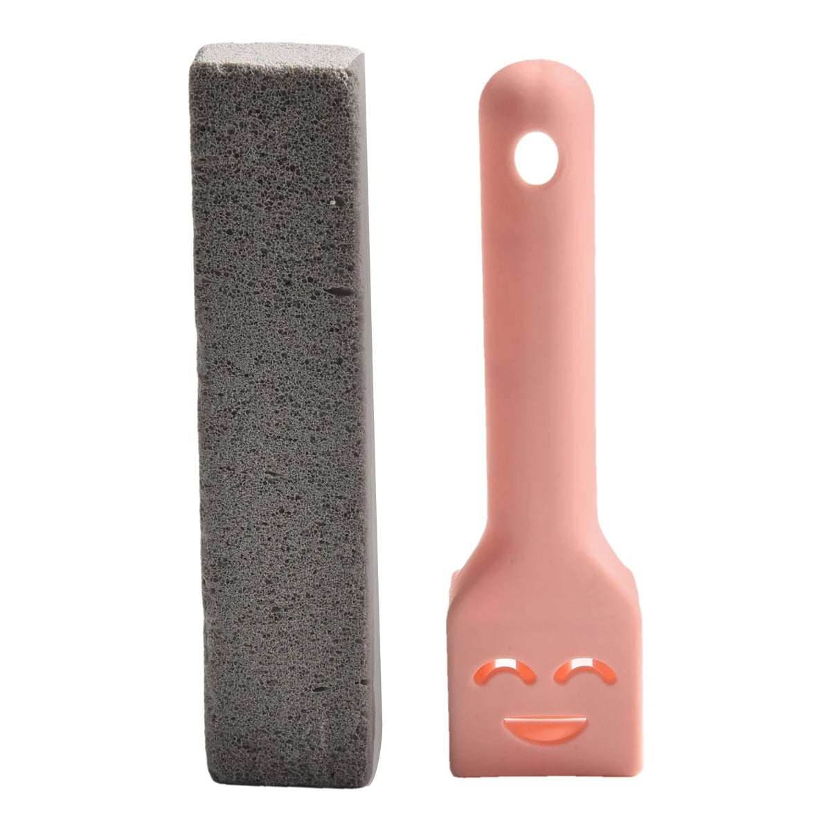 A pink pumice stone toilet and bathroom cleaning brush with a handle.