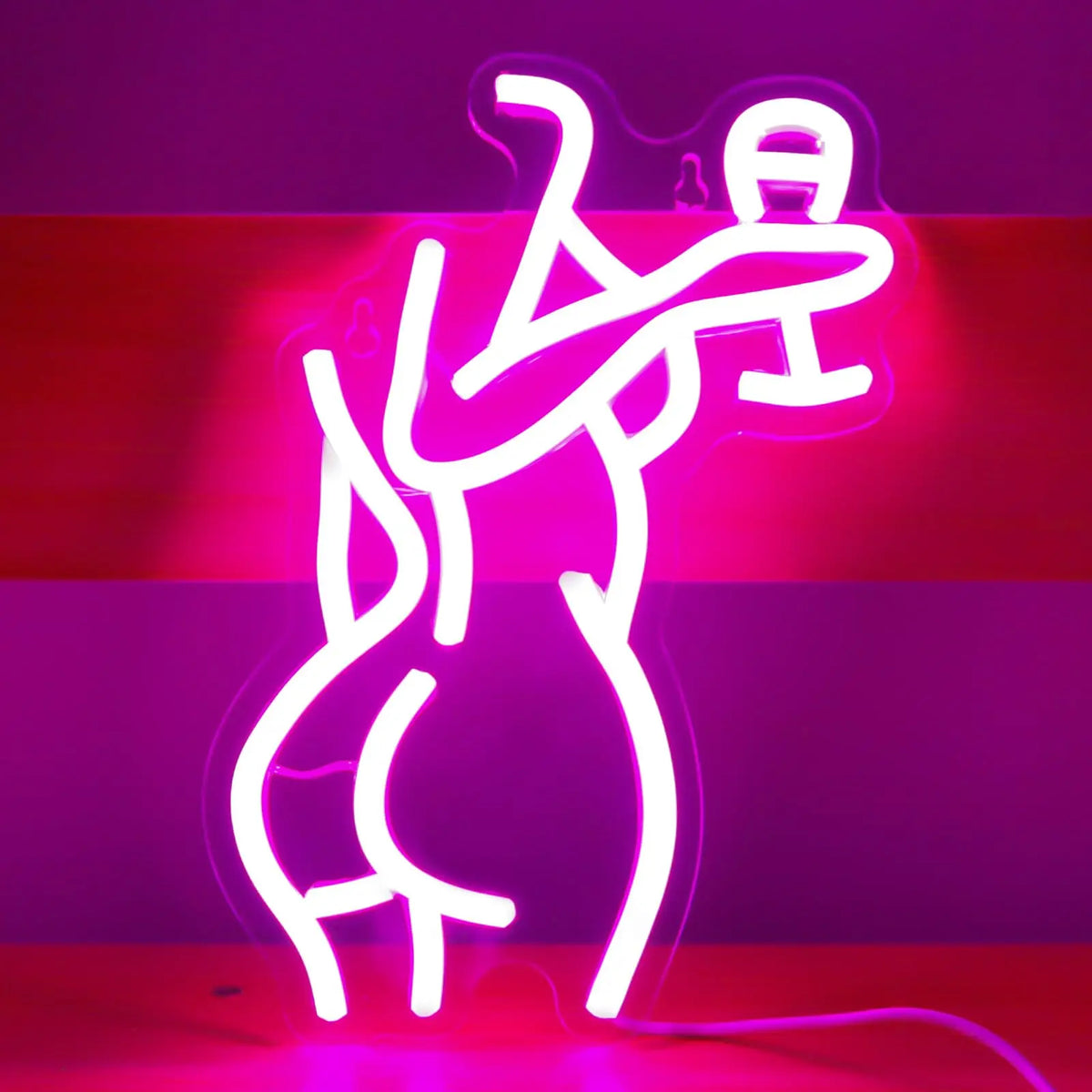 A neon silhouette of a female figure in pink light against a striped background.