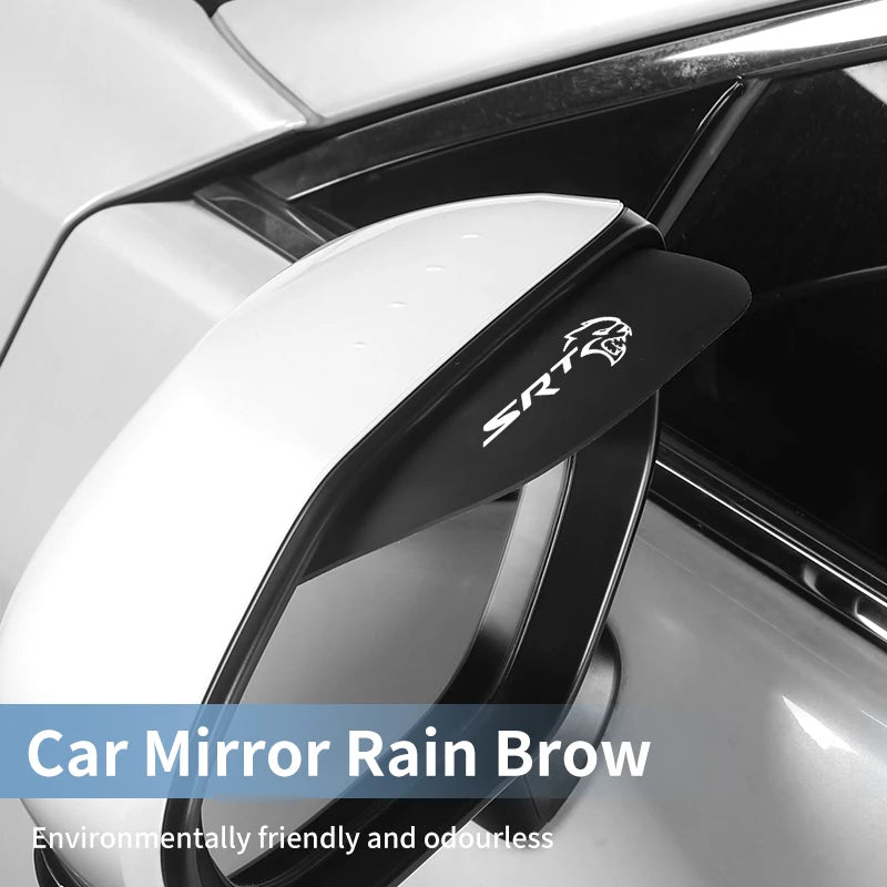 A close-up of an SRT car mirror rain brow accessory installed on a white car side mirror.