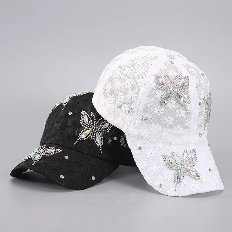 Lace Butterfly Snapback Cap with Rhinestone Accents