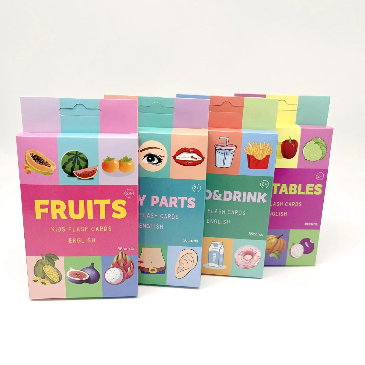 A set of colorful flash cards featuring animal shapes and colors for early learning.