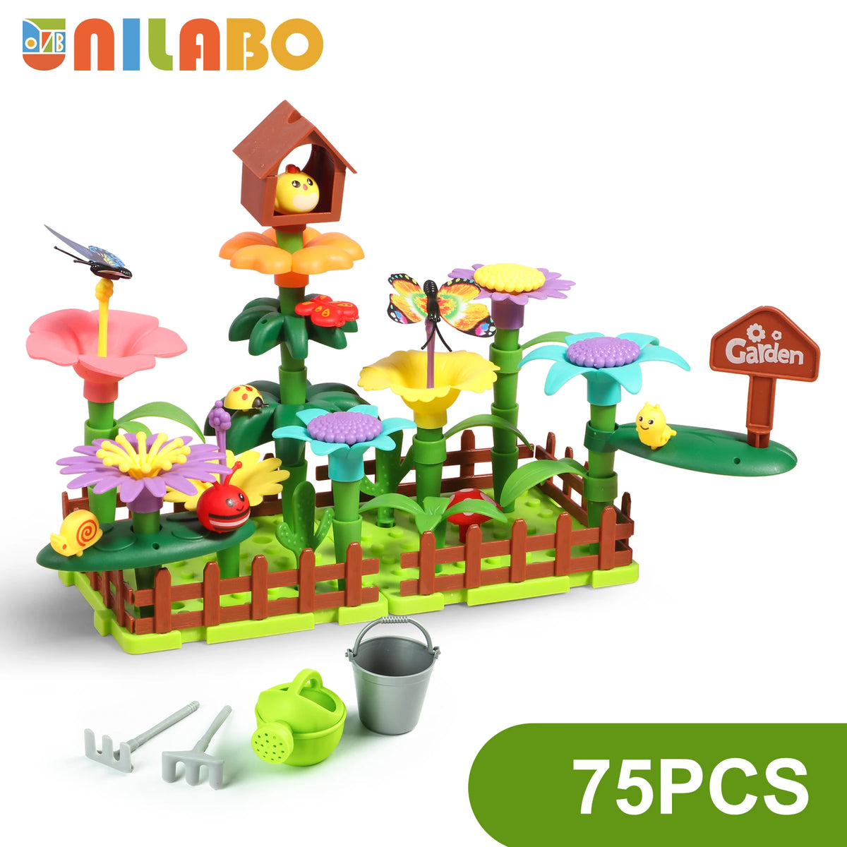 A colorful STEM flower garden building toy featuring various plants, insects, and a wooden fence structure.