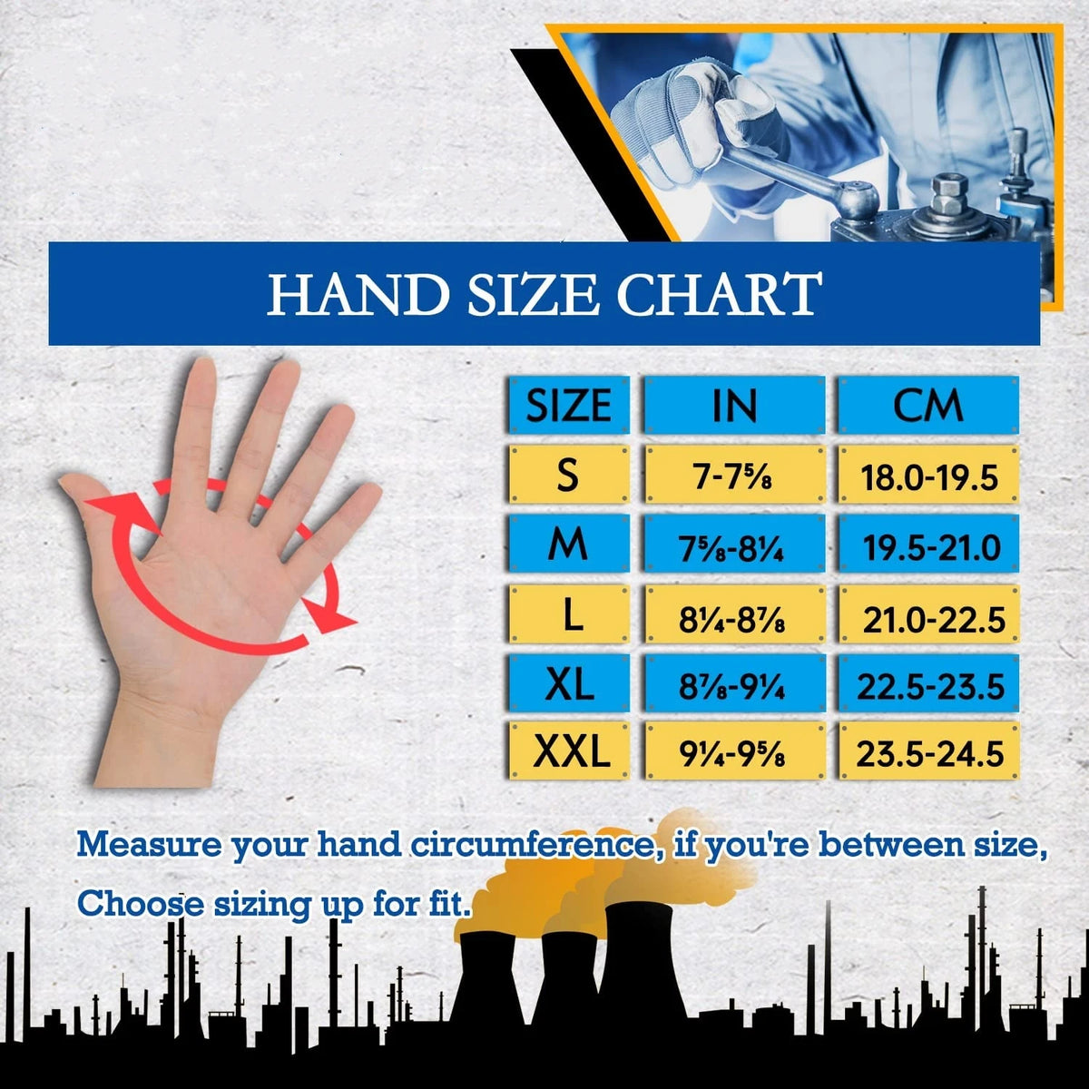 Hand size chart showing measurements for sizes S through XXL to determine the correct glove fit.