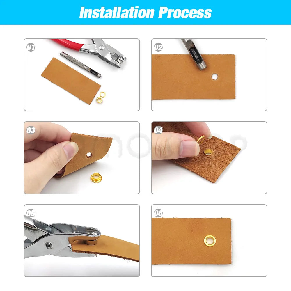 Six steps showing the installation process of a grommet and eyelet kit using pliers.