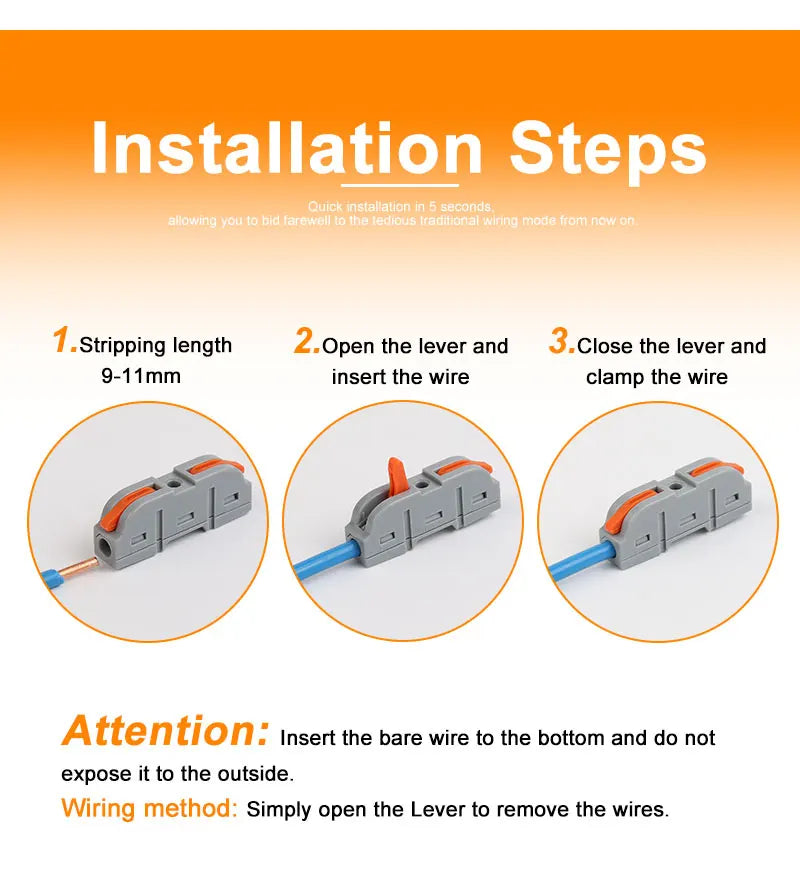 Installation steps showing how to strip, insert, and clamp a wire using lever connectors for electrical connections.