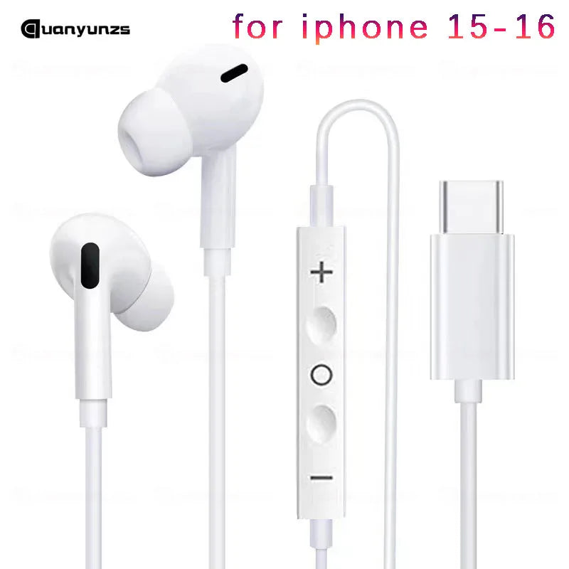 White wired earphones with mic and charging cable shown against a white background