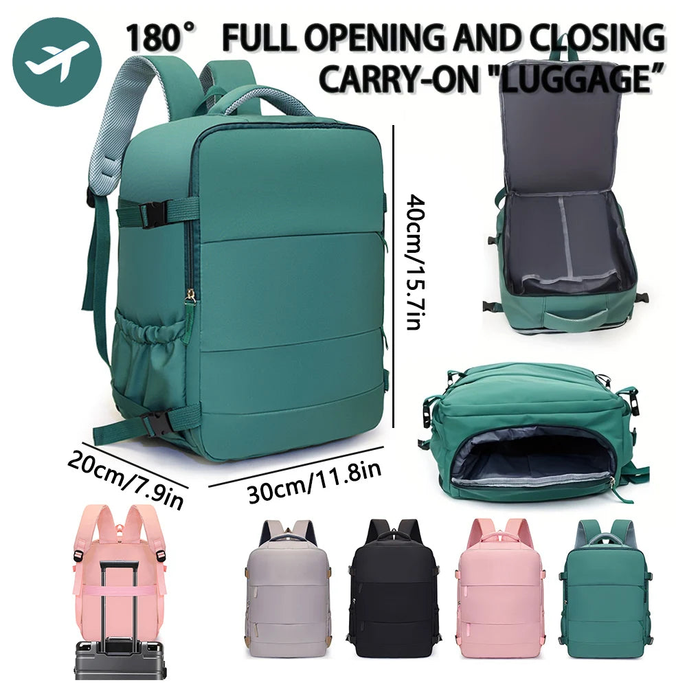 A collection of compact cabin travel backpacks in various colors including teal, gray, pink, and black.