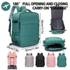 A collection of compact cabin travel backpacks in various colors including teal, gray, pink, and black.