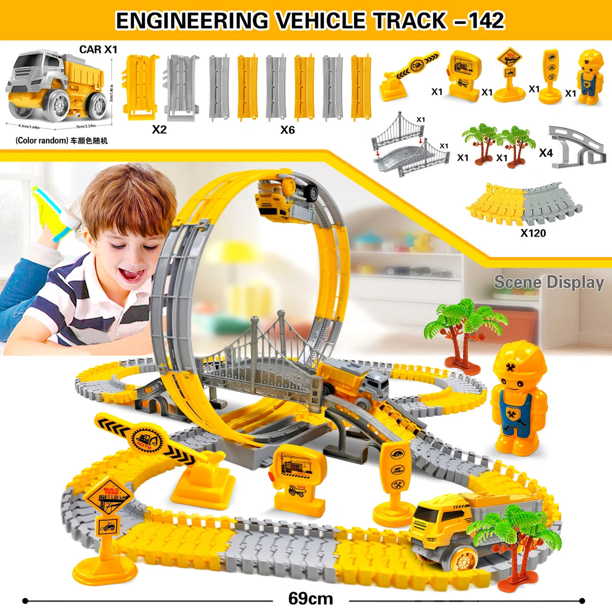 A yellow and gray engineering vehicle track set for children featuring various components and a yellow toy truck.