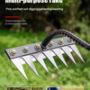 A thick manganese steel multi-purpose rake with sharp tines and a wooden handle used for digging and gardening.