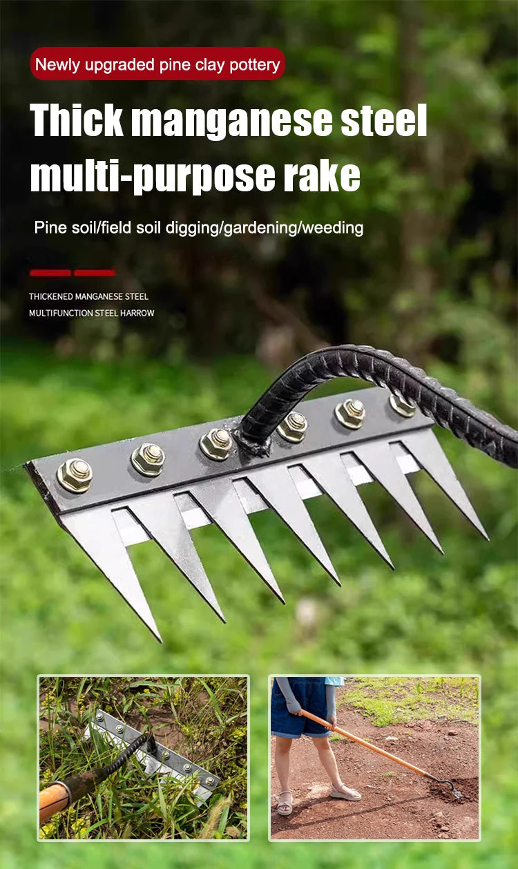 A thick manganese steel multi-purpose rake with sharp tines and a wooden handle used for digging and gardening.