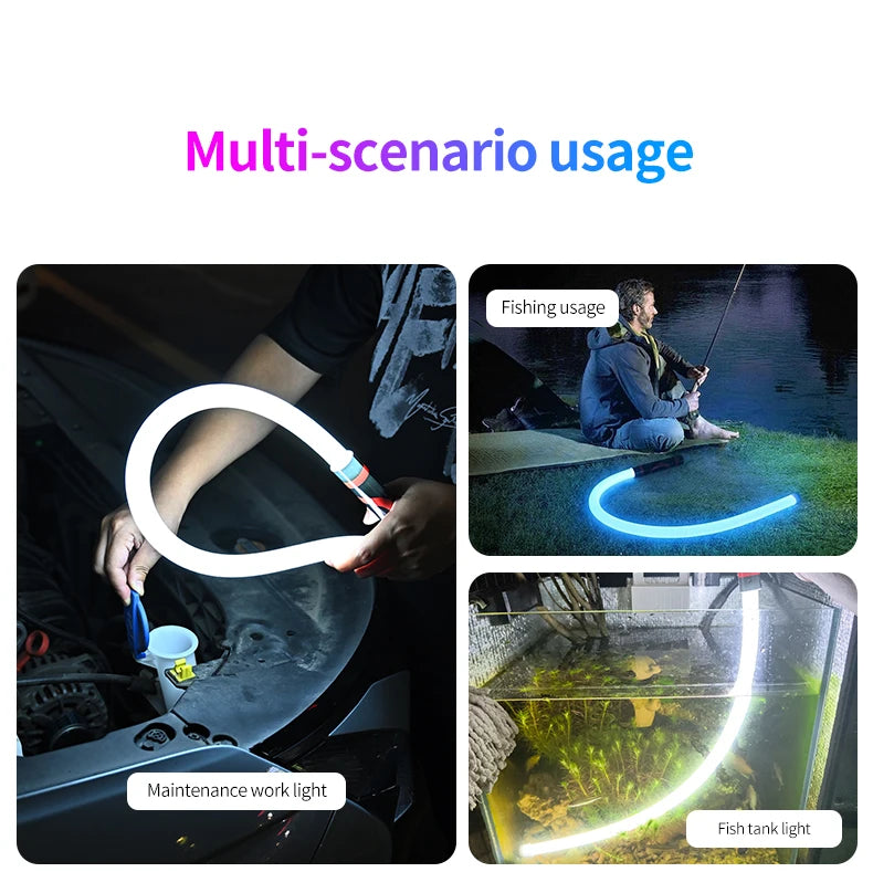 Multi-scenario usage of a rechargeable LED camping lantern with flexible hands-free design for fishing, maintenance, and fish