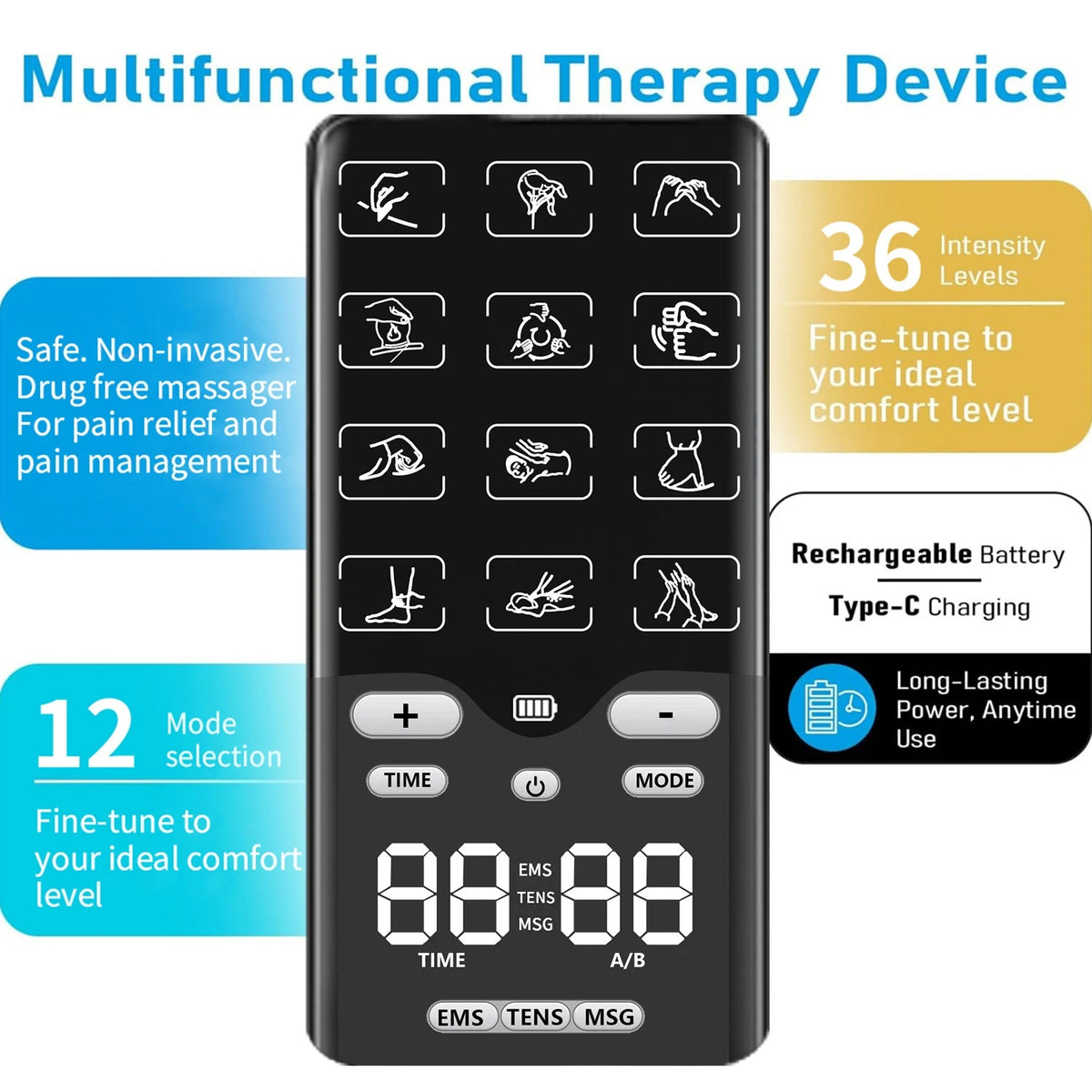 A black multifunctional therapy device with multiple massage modes and settings for pain relief.