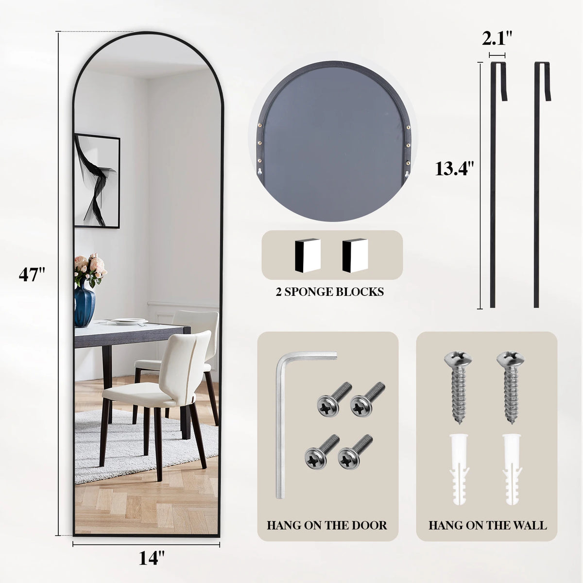 Full length wall mirror with an aluminum alloy frame shown alongside mounting hardware options for doors and walls
