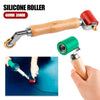A silicone roller with a wooden handle and metal shaft is shown next to a hand applying it to a dark blue surface.