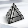 A black geometric cube puzzle with a faceted surface resting on a white surface.