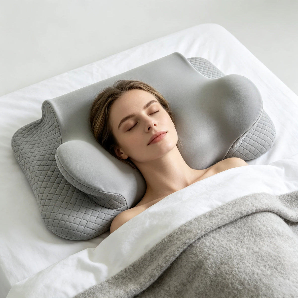 A woman rests her head on a gray memory foam butterfly contour pillow on white bedding.
