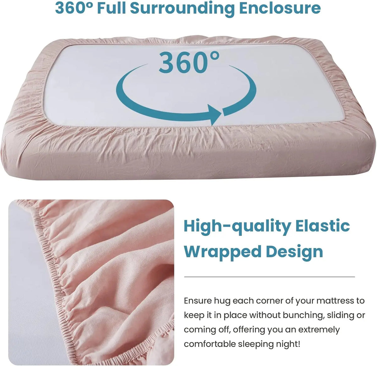 A pink linen fitted sheet with an elastic wrapped design shown in a close-up view.