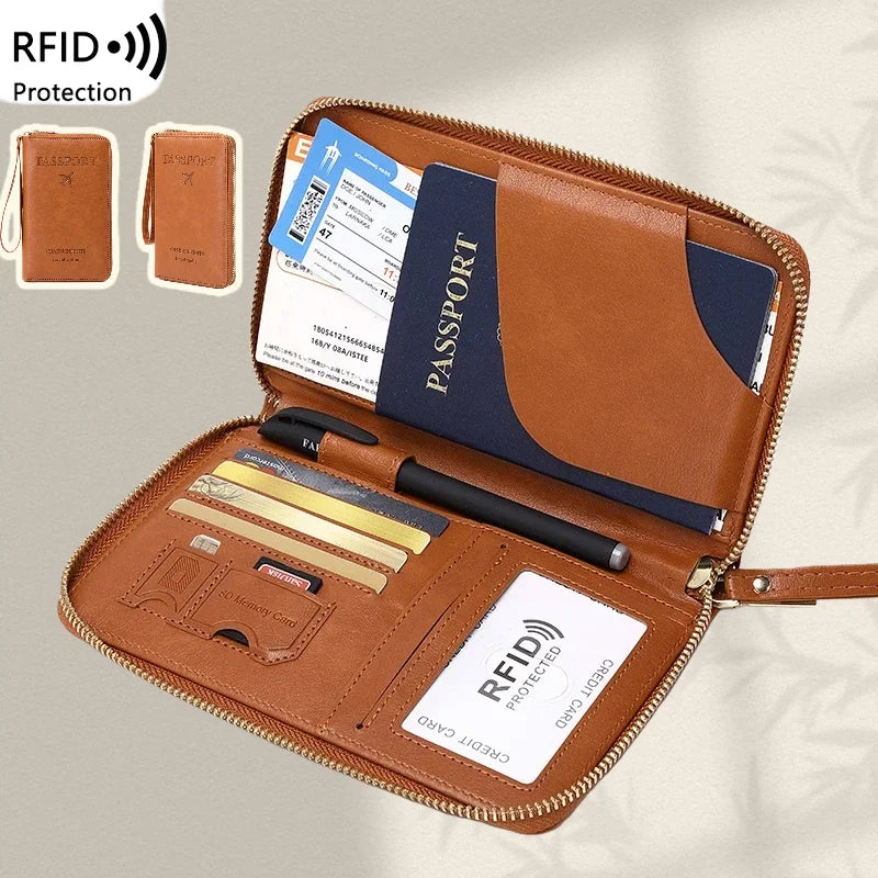 A brown leather travel wallet protects an ID card and credit card with an RFID blocking feature.