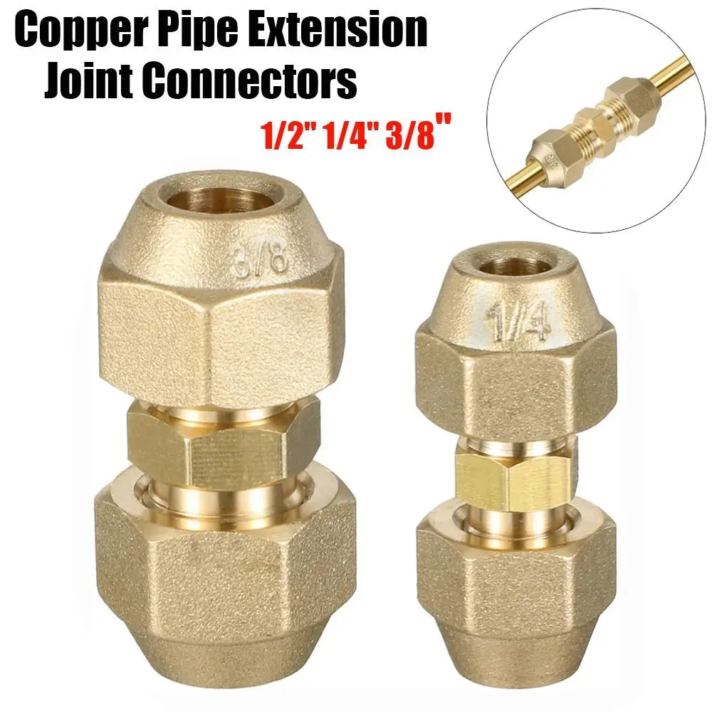 Two brass copper pipe extension joint connectors, one 3/8 and one 1/4 size.