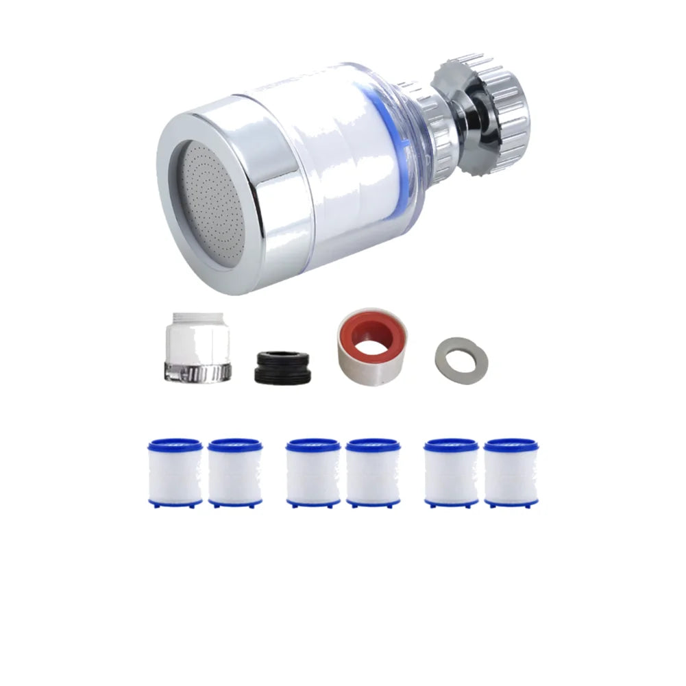 Silver 360° rotating kitchen faucet water filter with splash guard and various components
