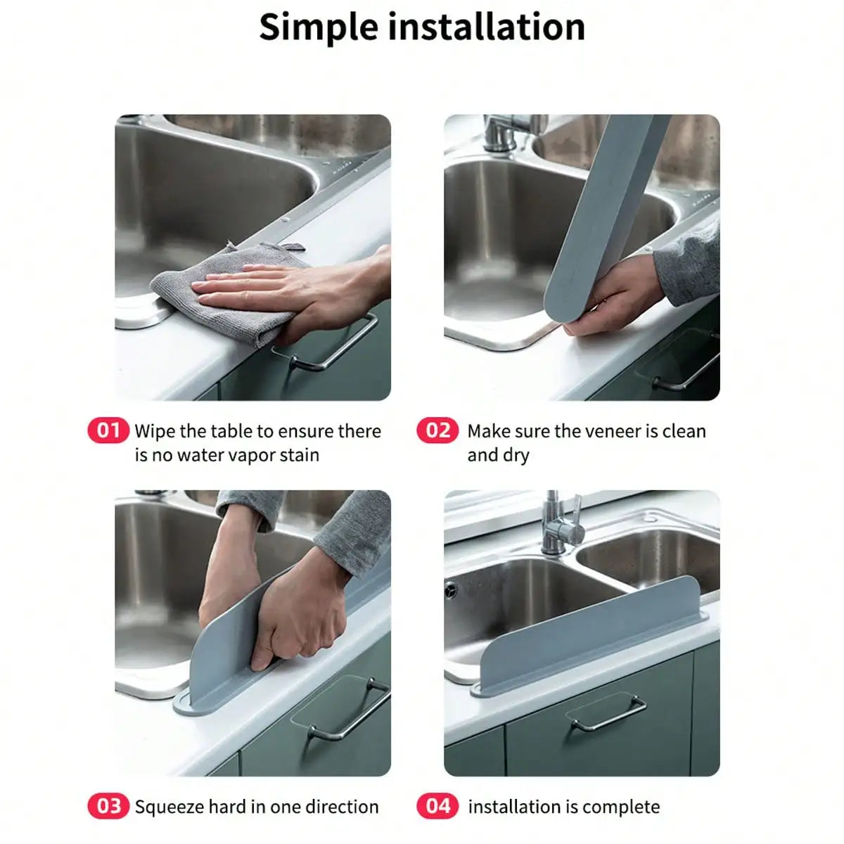 Schritt-für-Schritt-Anleitung zur einfachen Installation eines Silikon-Spritzwassersperrs mit Saugnäpfen.