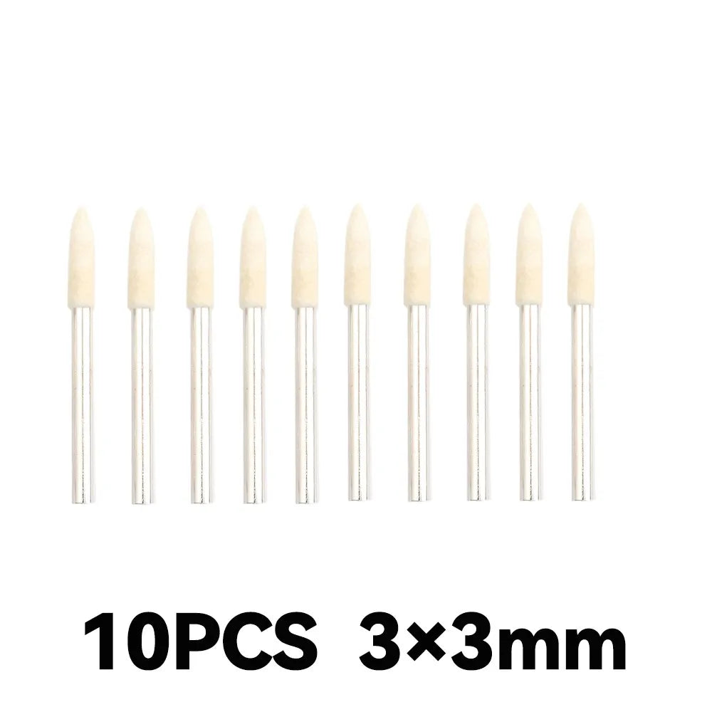 Ten white wool felt polishing wheels with 3mm shank for rotary tools