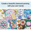 A collection of colorful, shaped crystals and materials for a DIY diamond painting kit.
