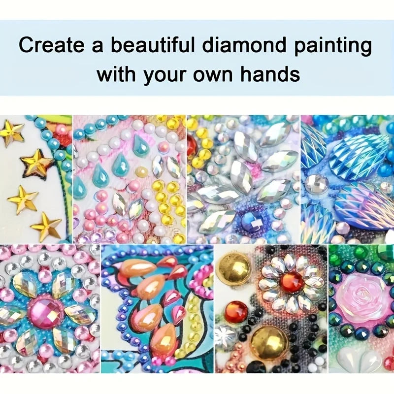 A collection of colorful, shaped crystals and materials for a DIY diamond painting kit.