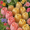 A collection of 3D tulip silicone molds in various shades of peach, pink, and yellow used for candle and soap making.