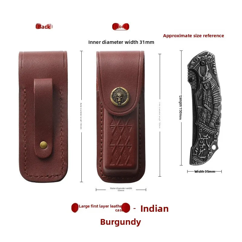 A dark burgundy leather folding knife case with an intricate metal design and a protective sleeve.