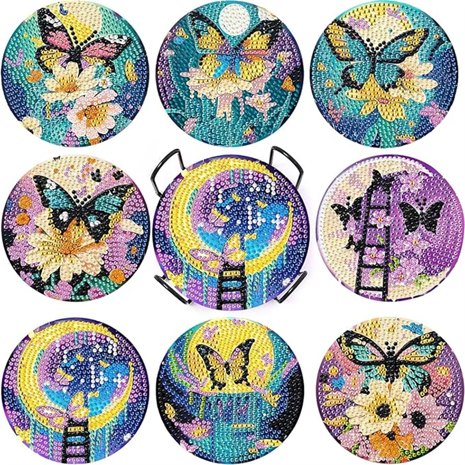 DIY Diamond Art Coaster Set with Holder – 8 Acrylic Coasters for Home Decor and Gifting