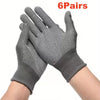 Six pairs of gray knitted anti-slip work gloves with a dotted grip shown on a person's hand and forearm.
