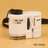 A white handheld magnifier with a black lens and storage pouch is shown against a beige background.