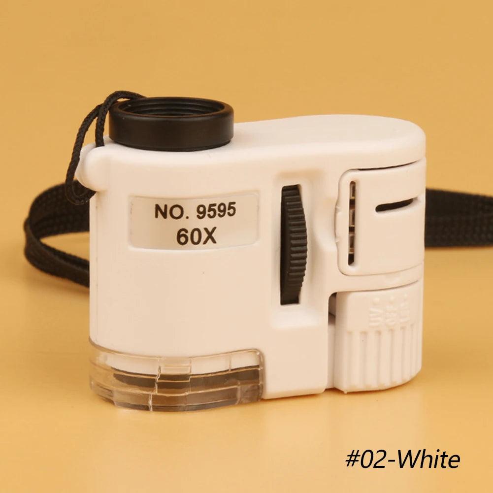 A white handheld magnifier with a black lens and storage pouch is shown against a beige background.
