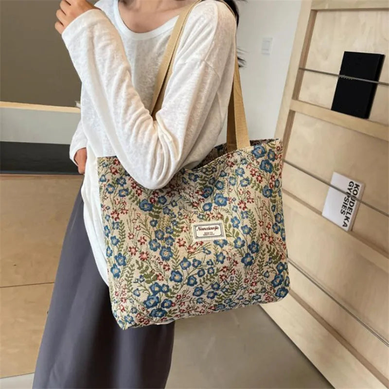 Floral Embroidery Canvas Tote Bag