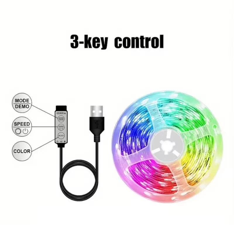 A 3-key control remote and LED strip light, showing options for mode, demo, speed, color, and power.