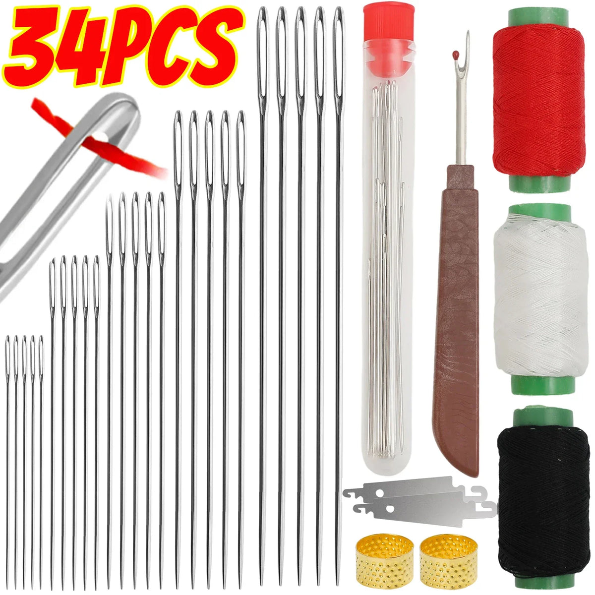 Stainless Steel Sewing Needle Set with Large Eyes and Threading Tools