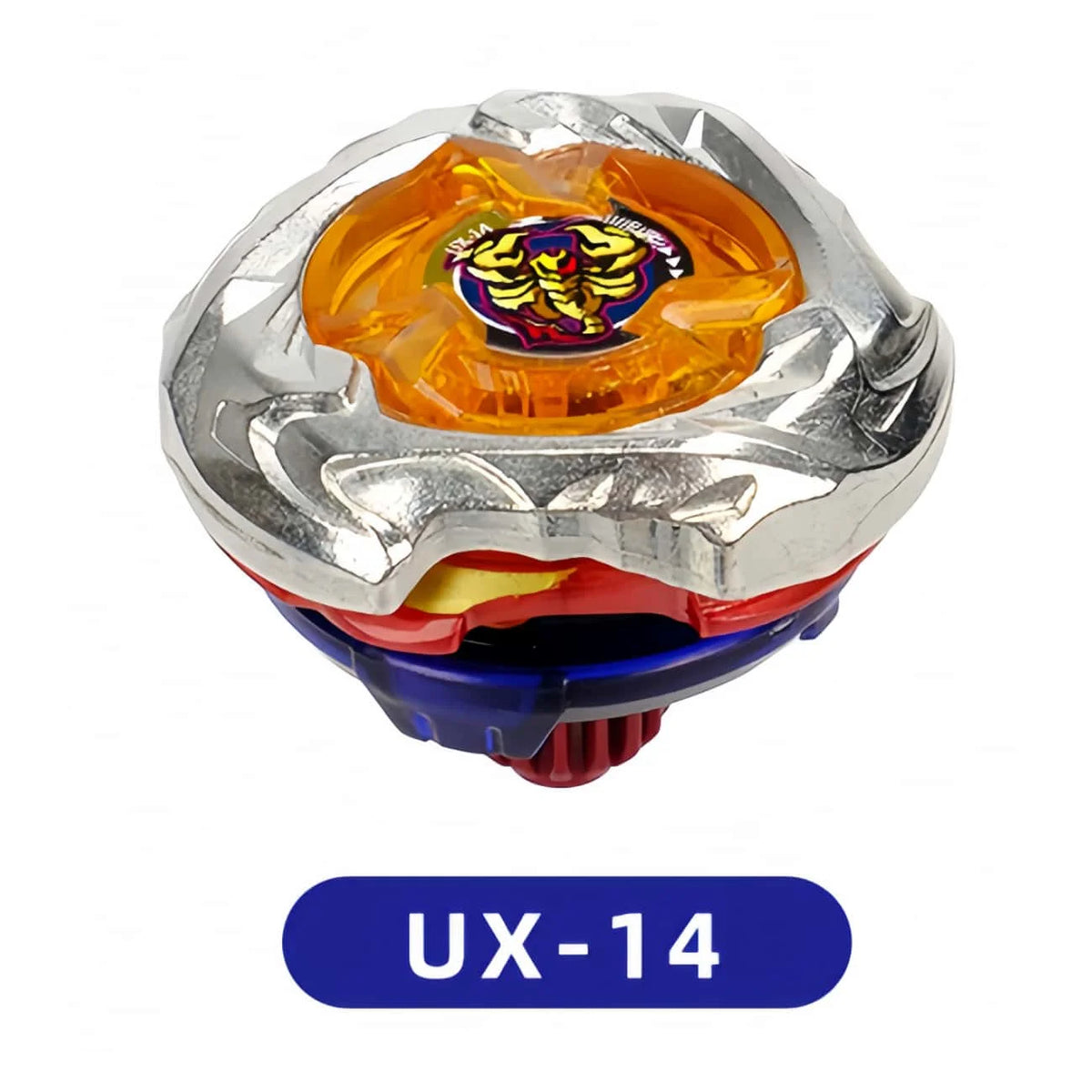 Metal spinning top battle toy with launcher featuring an orange and gold design.