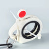 A white reusable fluorescent cable tie with a red indicator light and a black rubber band is shown.