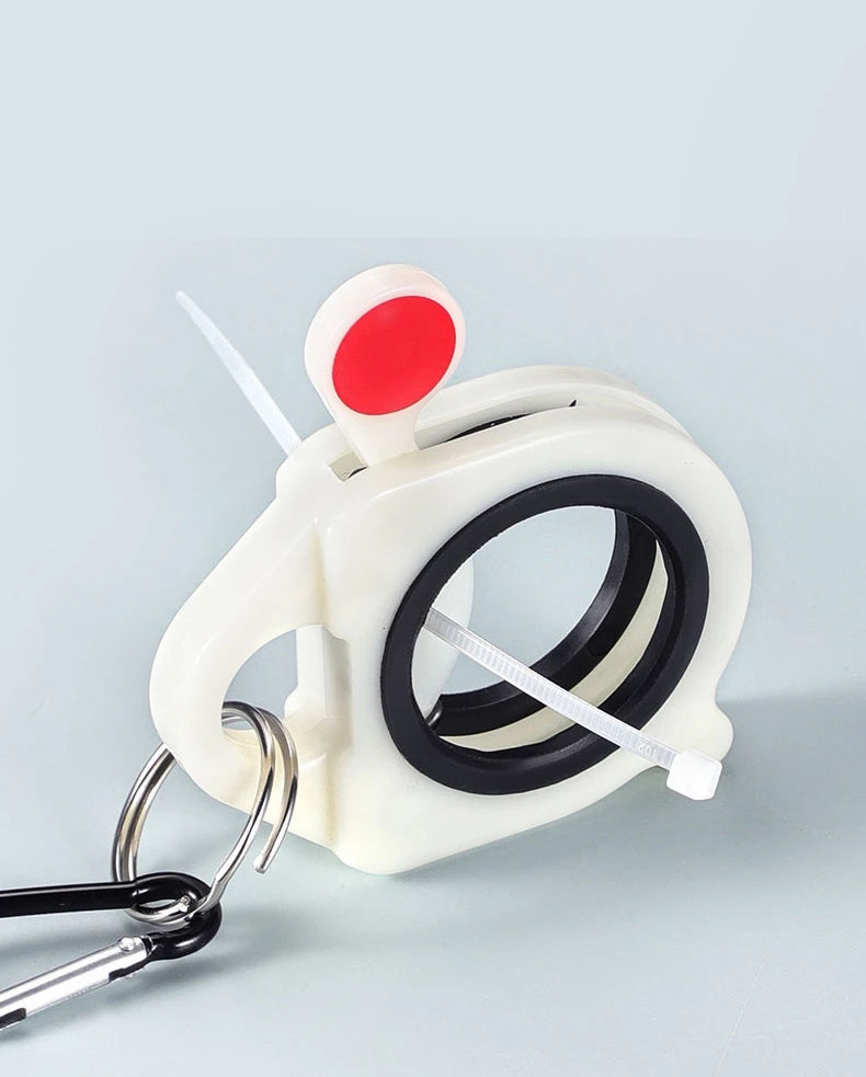 A white reusable fluorescent cable tie with a red indicator light and a black rubber band is shown.