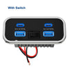 A black power outlet with four USB ports, including two 5V 3.1A ports and a central socket, connected by red and black wires.
