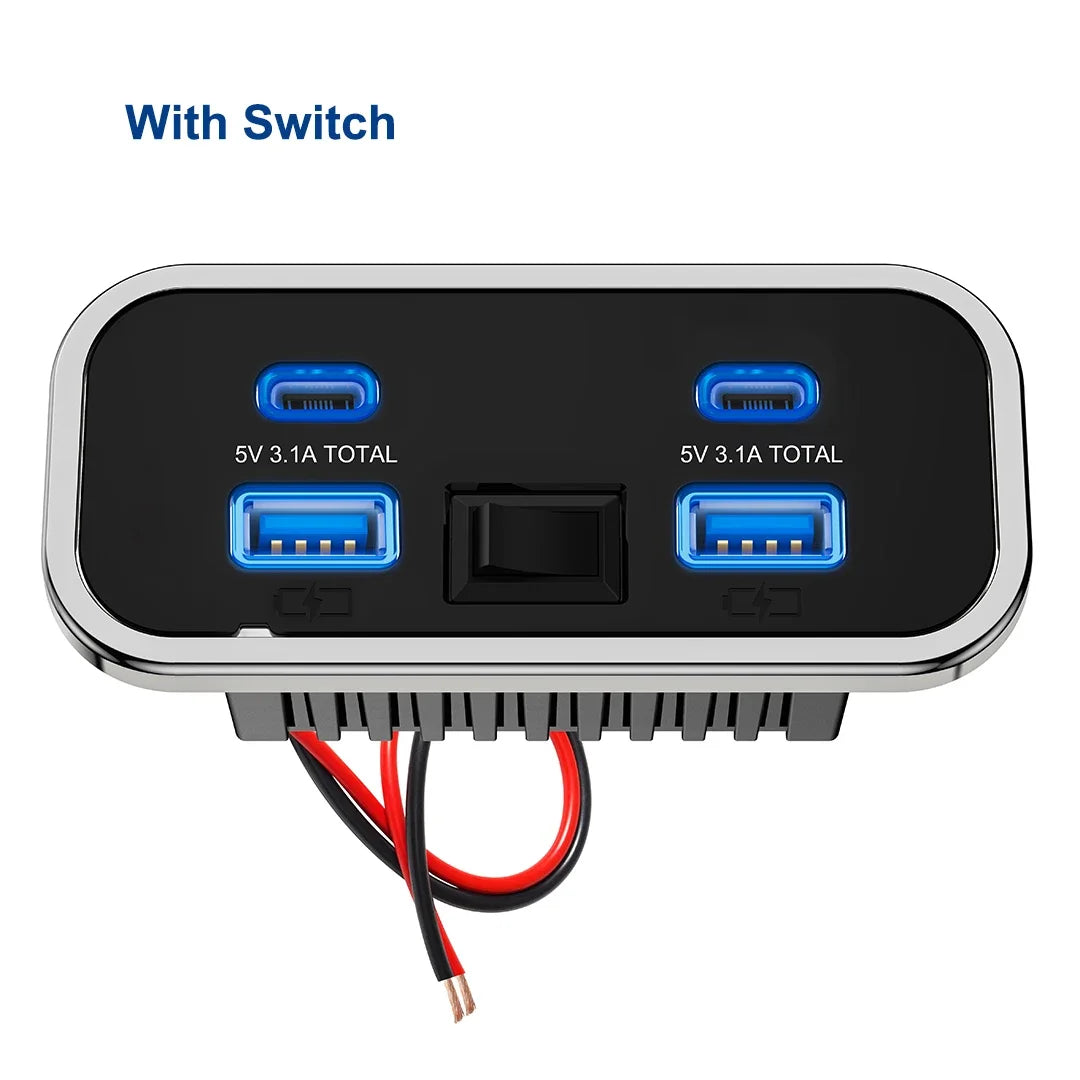 A black power outlet with four USB ports, including two 5V 3.1A ports and a central socket, connected by red and black wires.