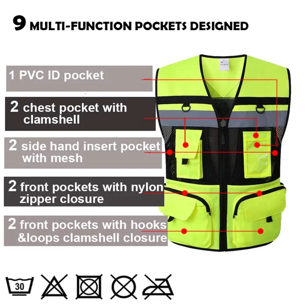 A bright yellow high-visibility safety vest designed with nine multi-function pockets for storage.